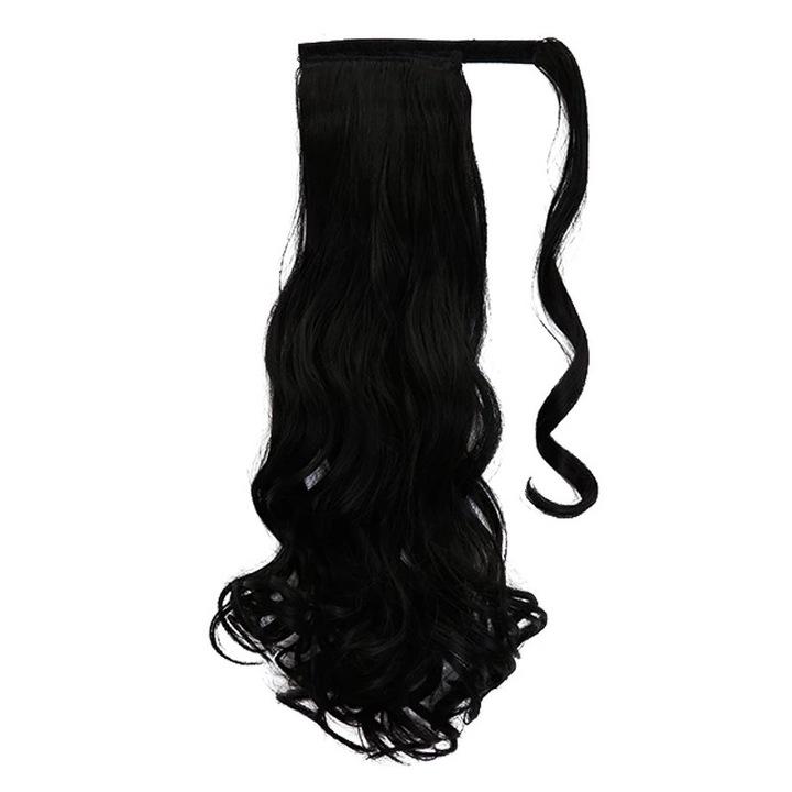 Extensie Coada par Neagra, ondulata, cu suvita laterala si scai, 50 cm, Animis Beauty ®, fibra sintetica cu aspect natural