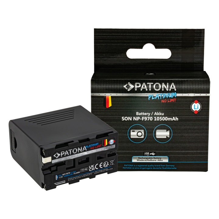 Acumulator Patona Platinum NP-F970 PD20W USB-A 5V/2A, functie Power Bank, port USB-C, 10500 mAh