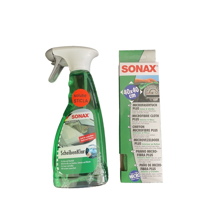 Кърпа и разтвор за почистване на стъклени повърхности, SONAX