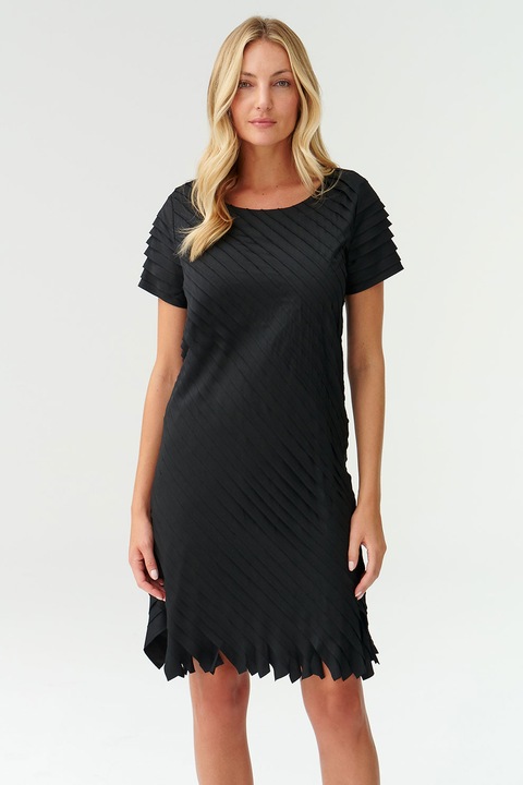 Tatuum, Rochie cu decolteu rotund si model stratificat, Negru, M