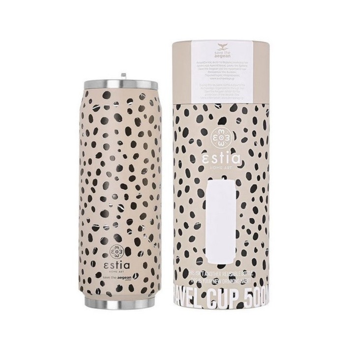 Termos Cup cu paie si perie de curatare, Estia Home Art Save The Aegean Leopard Taupe, 500 ml