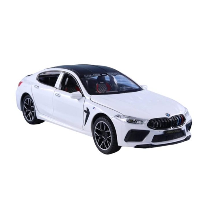 Masinuta BMW M8 MH8 800 MANHART cu usi, capota, portbagaj mobile, lumini faruri si stopuri, sunete motor, scara 1:24, lungime 21 cm, alb