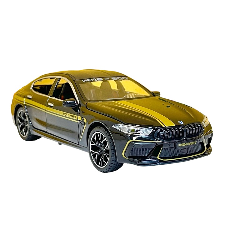 Masinuta BMW M8 MH8 800 MANHART cu usi, capota, portbagaj mobile, lumini faruri si stopuri, sunete motor, scara 1:24, lungime 21 cm, negru