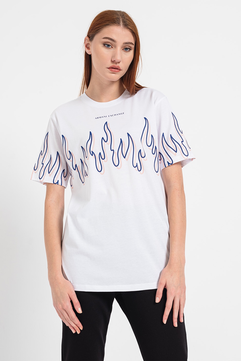 ARMANI EXCHANGE, Tricou cu imprimeu grafic, Alb optic, Roz prafuit