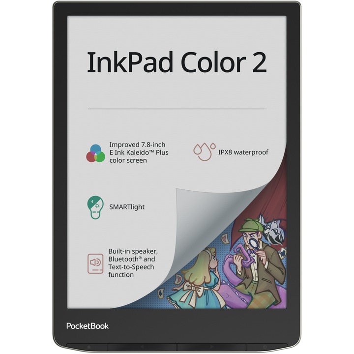 eBook четец PocketBook InkPad Color 2 PB743C, Цветен сензорен екран 7.8" E Ink Kaleido™ Plus, 32GB, SMARTlight, G-сензор, Bluetooth&WiFi, Сребрист