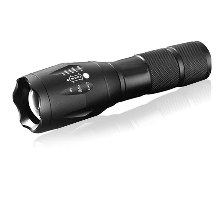 Акумулаторен фенер 1Tech, Модел BL-1831, Спусъчен бутон, LED, Zoom, 220V, 12V, Черен