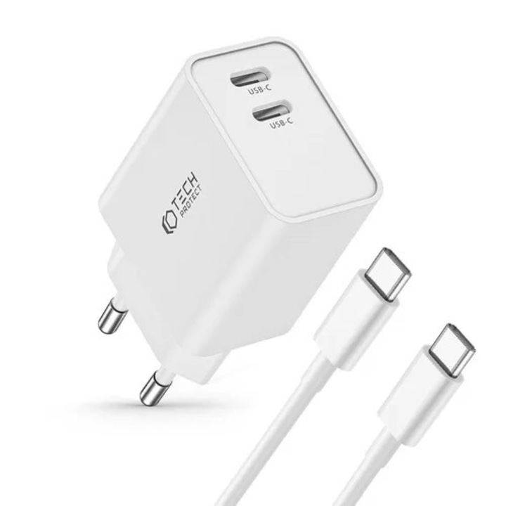 TECH-PROTECT C35W - Type-C (USB-C) hálózati töltőfej + Type-C / Type-C kábel, fehér 35W