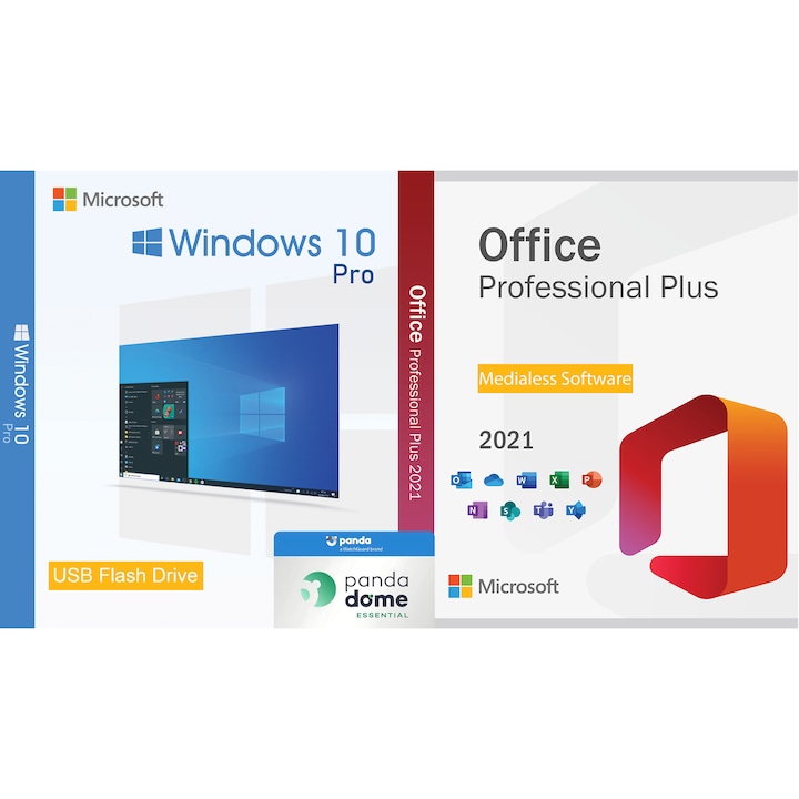 Pachet licente Windows 10 Pro USB + Office 2021 Pro Plus Medialess si Antivirus Panda Dome Essential