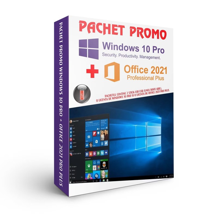 Microsoft Windows 10 Pro si Microsoft Office 2021 PP, 2 stickuri USB