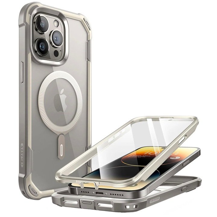 Anti-shock 360 védőtok Apple iPhone 15 Pro Max készülékhez, Ütésálló tok, Biztonságos kamera, Kijelző Ultra Safe, Magsafe, Krém