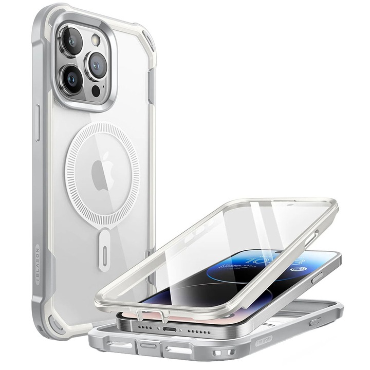 Anti-shock 360 védőtok Apple iPhone 15 Pro Max készülékhez, Ütésálló tok, Safe Camera, Display Ultra Safe, Magsafe, Fehér
