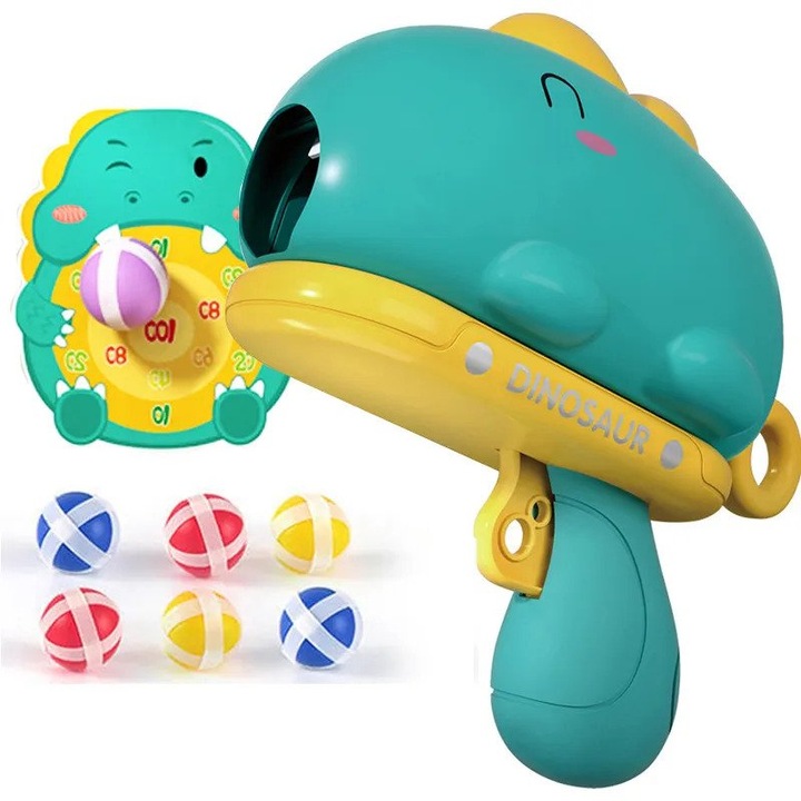 Jucarie Educationala Tetea, Pistol Dinozaur cu 6 mingi arici tip dart, albastru
