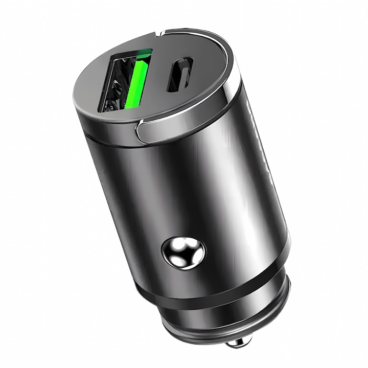 Bervolo 100W Autós Töltő, Gyors Töltéssel, 1x USB & 1x USB-C, Kompatibilis iPhone-nal, Xiaomi-val, Samsung-gal, Huawei-val, Fekete Színben