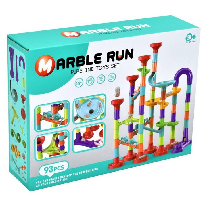 Set de constructie Marble Run cu bile din sticla, 93 piese, multicolor, 28 x 21 x 8 cm