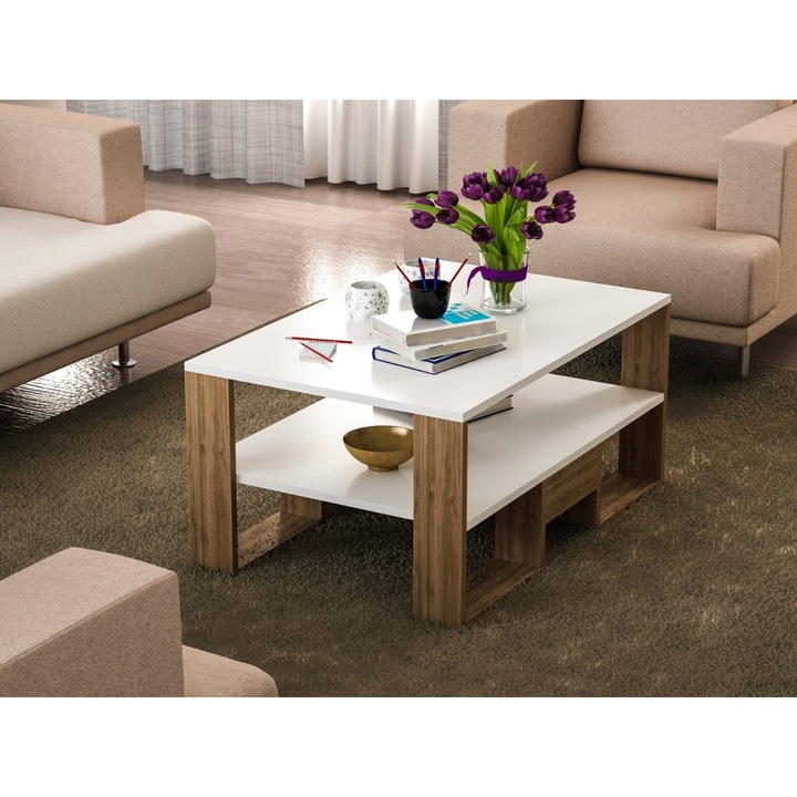 Masa de Cafea, UnicUtil®, Masa de Cafea Golden Edition, 90 x 60 x 45 cm, PAL Stejar, Design Modern si Multifunctional, Spatiu Generos pentru Living sau Restaurant, Forma Dreptunghiulara, Constructie Robusta, Neasamblata, Alb Maro