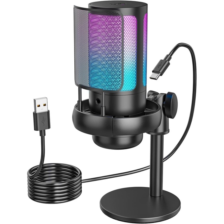 Set microfon gaming, USB, RGB, Negru