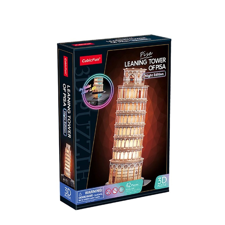 Пъзел 3D Cubic Fun - Night Edition, Кулата в Пиза, С LED, 42 части