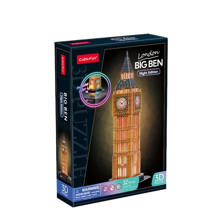 Пъзел 3D Cubic Fun - Night Edition, Big Ben, С LED, 32 части