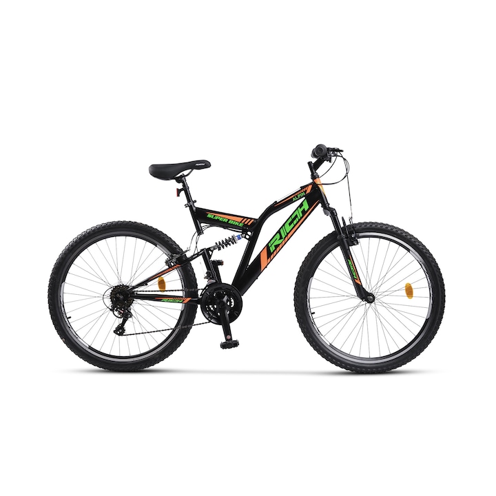 Bicicleta MTB de munte Full Suspension Rich Alpin JSX2649, suspensie fata/spate, roata 26 inch, frana tip V-Brake, 21 viteze, negru cu portocaliu