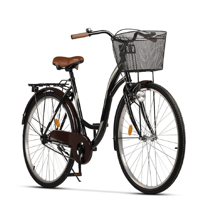 Унисекс градски велосипед с 28-инчови колела, багажник, кошница, динамо, торпедо задна спирачка/предна V-образна спирачка, 1 скорост, черен/сив, градски велосипед Velurs Genius UKRAYNA, размер L