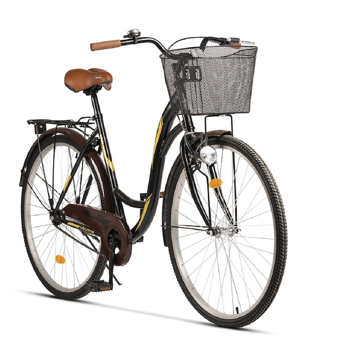 Унисекс градски велосипед с 28-инчови колела, багажник, кошница, динамо, задна торпедна спирачка/предна V-образна спирачка, 1 скорост, черен/жълт, градски велосипед Velors Genius UKRAYNA, размер L