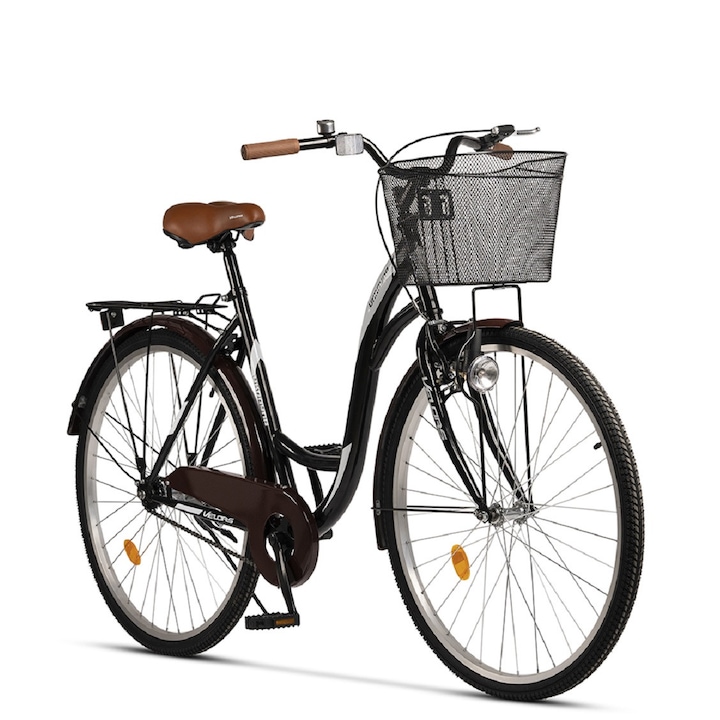 Градски велосипед унисекс с 28 инча колела, багажник, кош, динамо, задна торпедна спирачка/предна V-образна спирачка, 1 скорост, черно/бяло, градски велосипед Velurs Genius UKRAYNA, размер L