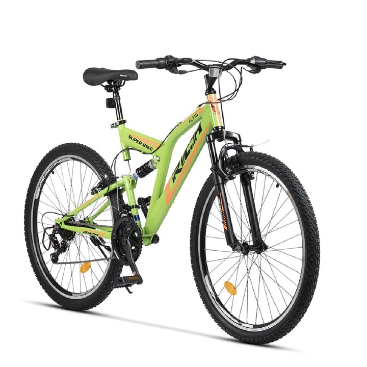 Bicicleta MTB cu Roti de 26", Frane V-Brake fata/spate, 21 Viteze, verde/negru/portocaliu, Mountain Bike Rich Alpin Genius cu dubla suspensie