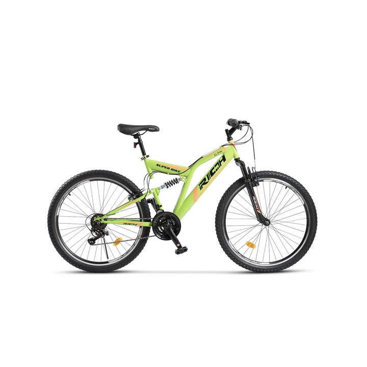 Bicicleta MTB de munte Full Suspension Rich Alpin JSX2649, suspensie fata/spate, roata 26 inch, frana tip V-Brake, 21 viteze, verde cu negru
