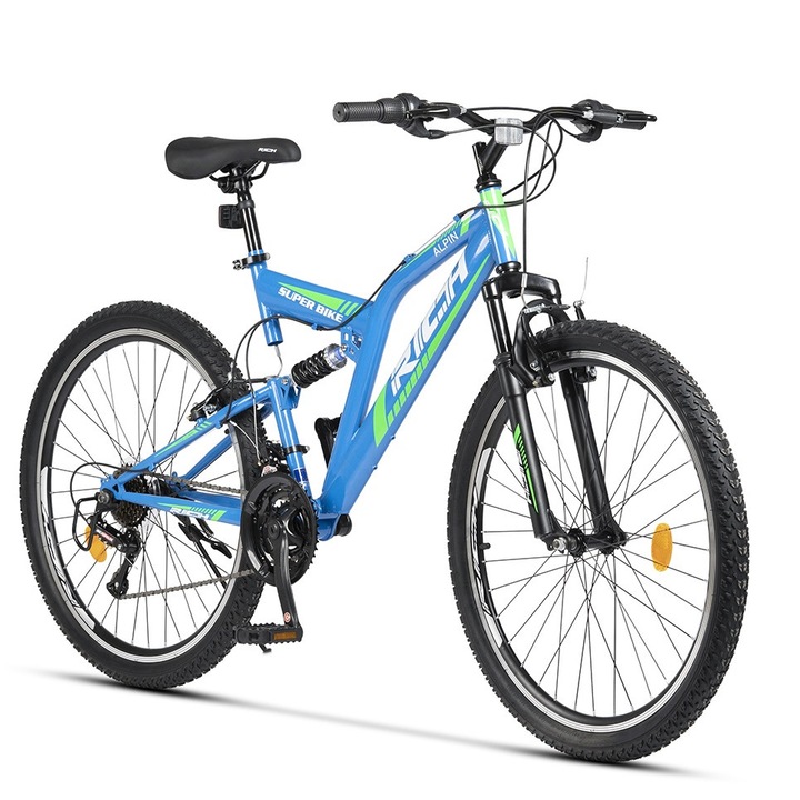 Bicicleta MTB cu Roti de 26", Frane V-Brake fata/spate, 21 Viteze, albastru/verde/alb, Mountain Bike Rich Alpin Genius cu dubla suspensie