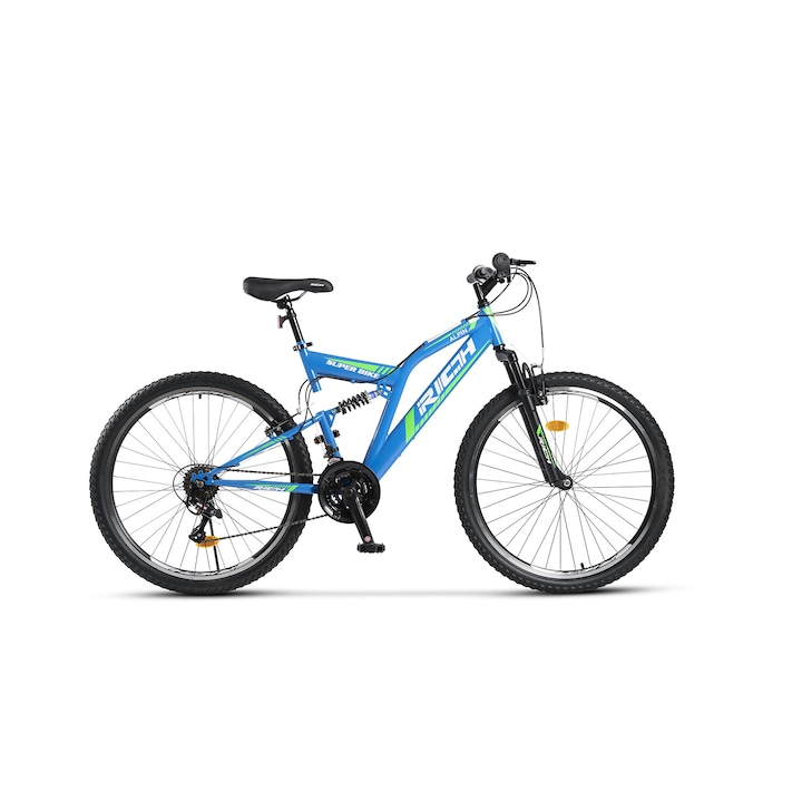 Bicicleta MTB de munte Full Suspension Rich Alpin JSX2649, suspensie fata/spate, roata 26 inch, frana tip V-Brake, 21 viteze, albastru cu verde