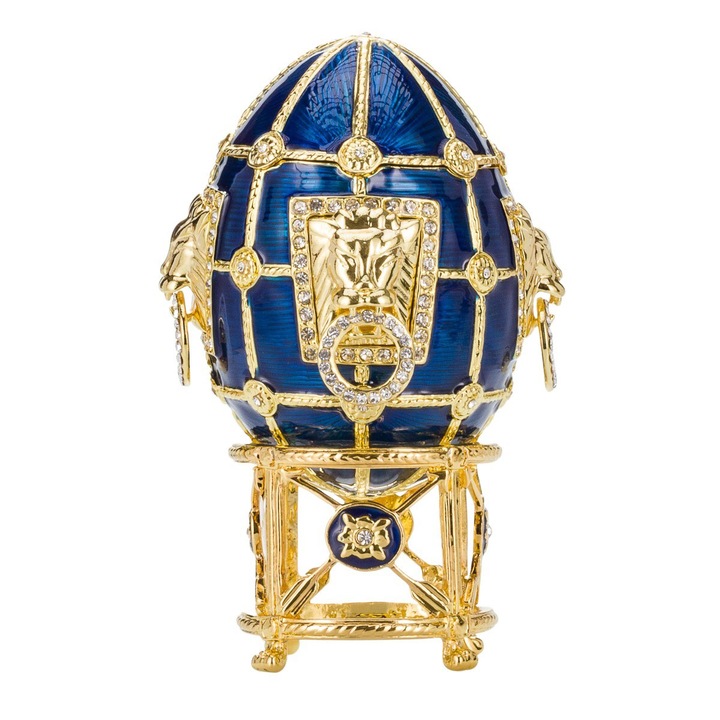 Ékszeres doboz, Fabergé stílusú tojás oroszlánokkal, 11 cm, kék