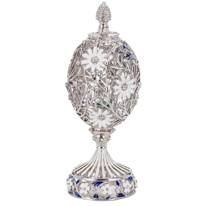 Ékszeres doboz, Fabergé stílusú faragott tojás virággal és pillangóval, 16,5 cm, ezüst színű