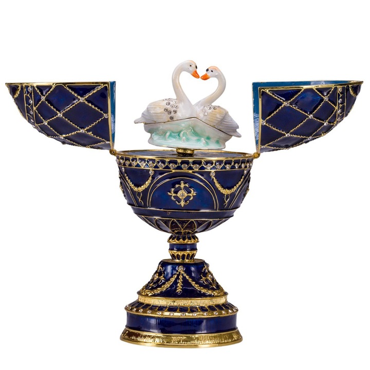 Ékszeres doboz, Fabergé stílusú tojás, zenedoboz, két hattyúval, 17 cm, kék