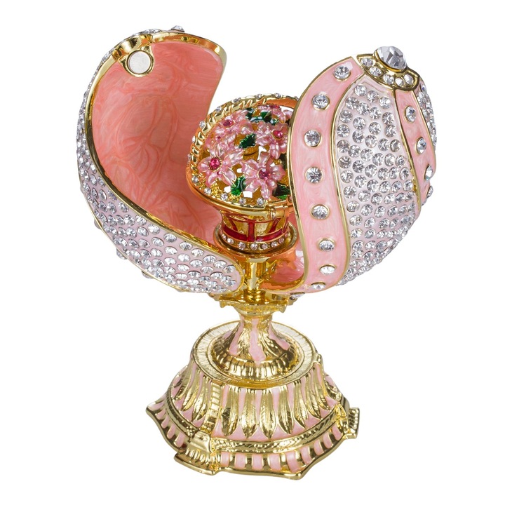 Ékszeres doboz, Faberge csavart tojás virágkosárral, 12 cm, rózsaszín