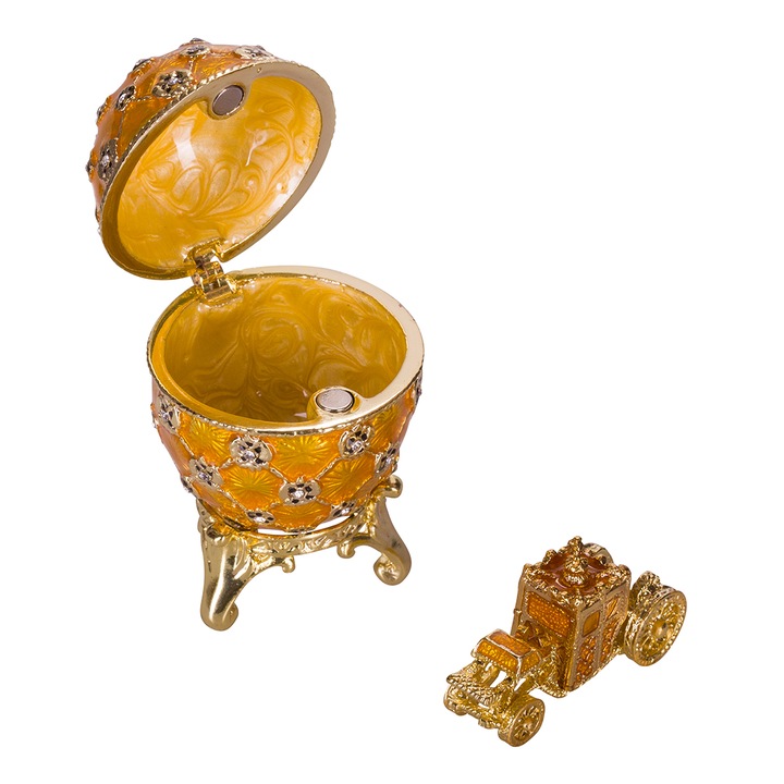 Ékszeres doboz, császári koronázási tojás Fabergé stílusban, csekkel, 6,5 cm, sárga