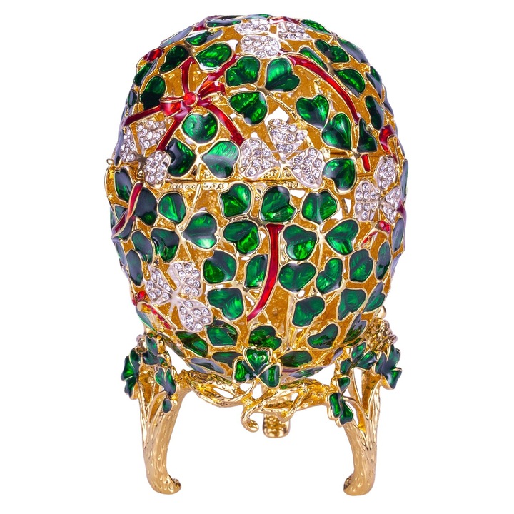 Ékszeres doboz, Fabergé stílusú faragott tojás, lóherelevél, 9,5 cm