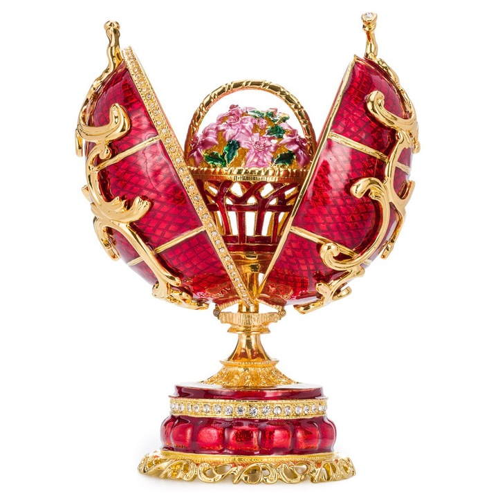 Ékszeres doboz, Fabergé stílusú tojás, zenedoboz, tavaszi virágok virágkosárral, 16,5 cm, piros