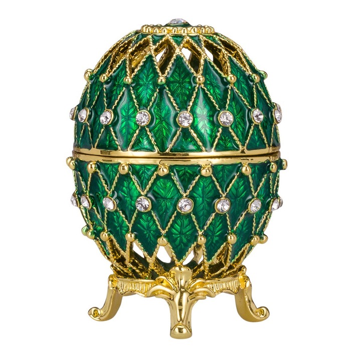 Ékszeres doboz, Fabergé stílusú faragott tojás, 7,5 cm, zöld