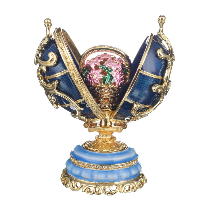 Ékszeres doboz, Fabergé tojás, tavaszi virágok, virágkosárral, 8,5 cm, kék