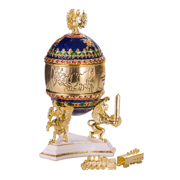 Ékszeres doboz, Faberge stílusú tojás, Transzszibériai Vasút vonattal, 12,5 cm, kék