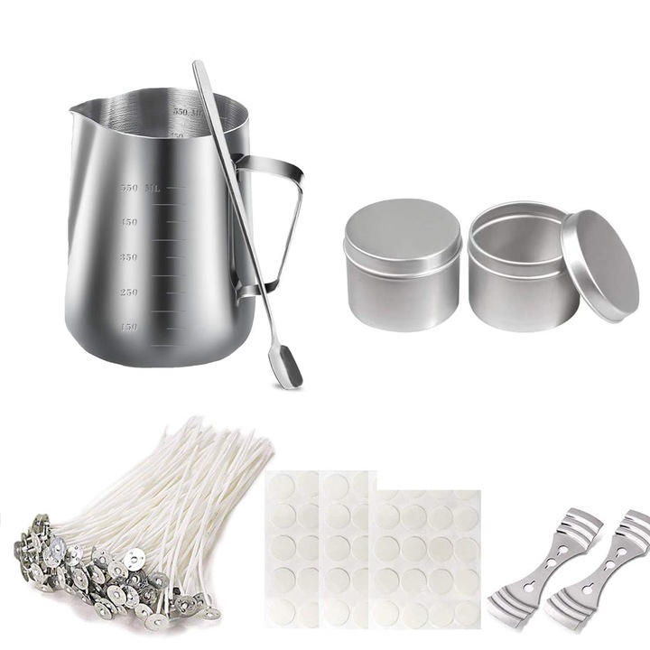 Kit pentru creare lumanari artizanale, NUODWELL, 106 bucati, capacitate 550 ml, rezistent la temperatura ridicata si coroziune, anti-rugina, potrivit pentru bricolaj realizat manual, argintiu