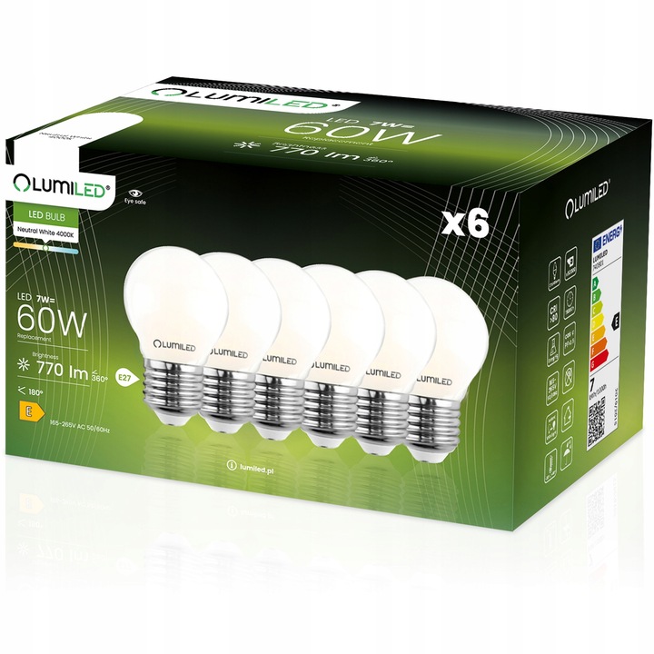 6 x LED izzókészlet E27, P45, Izzó, 7W = 60W, 4000K, Izzószál, LUMILED