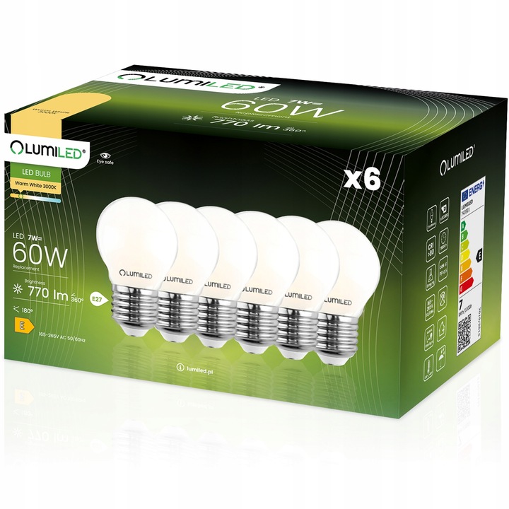 6x LED izzókészlet E27, P45, Izzó, 7W = 60W, 3000K, Izzószál, LUMILED