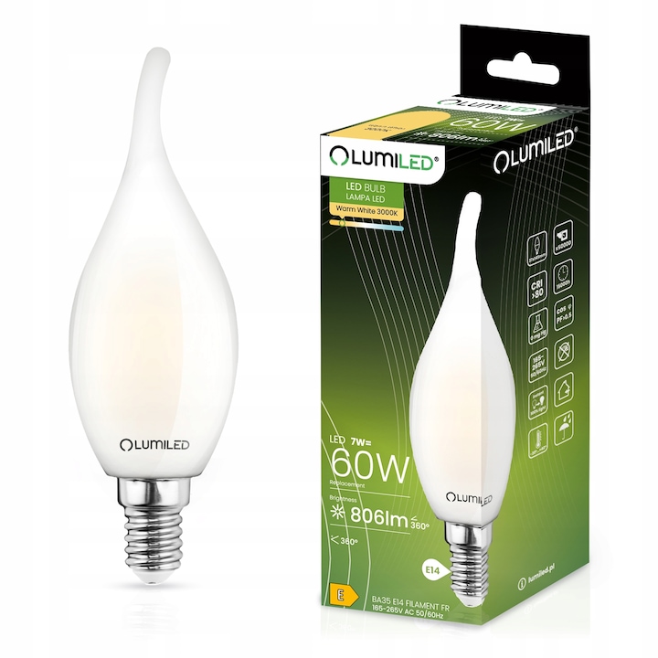 LED izzó E14, BA35, 7W = 60W, 770lm, 3000K, láng alakú, izzószál, LUMILED
