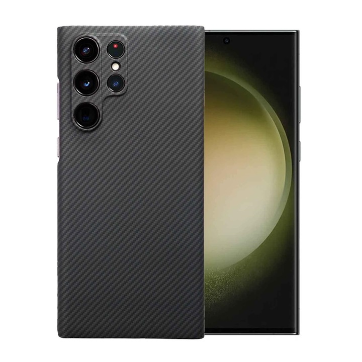 Husa protectie din Kevlar compatibila cu Samsung Galaxy S23 Ultra, din Fibra de Carbon, Aramida, ultra slim, ultra rezistenta, protectie camera, Negru, ISAG