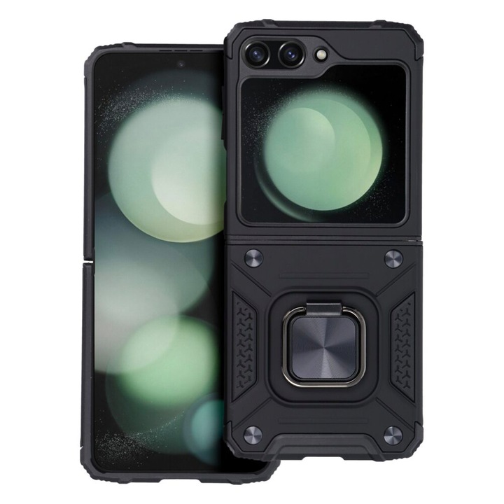 Калъф, съвместим със Samsung Z Flip 5, FONIX Square Ring, Anti-shock калъф, Тип броня, Пръстен за захващане, Въртящ се на 360 градуса, Регулируем на 180 градуса, Магнит, Поддръжка на стойка, Повдигнати ръбове, 2 части, Черен
