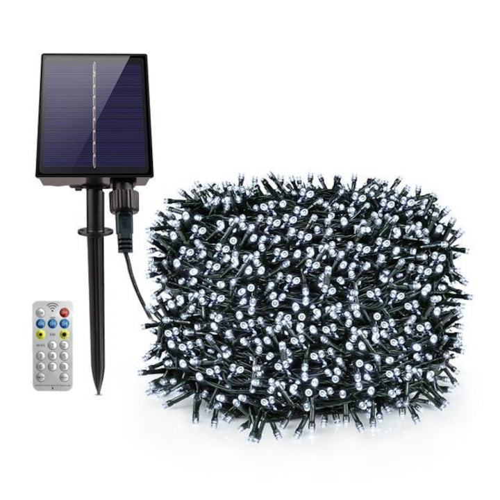 Instalatie Craciun Solara, 500 Led-uri, 50 metri, Panou solar mare, Telecomanda, 1200mAh, Alb Rece