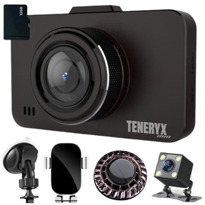 Camera Auto TENERYX™, Inregistrare Video Full HD 1080P, Obiectiv 170 grade, Ecran LCD 2 inch, Vedere Nocturna, Senzor G, Camera Marsarier unghi 120 grade, Suport Telefon, Odorizant Masina si Card micro SD 32GB incluse