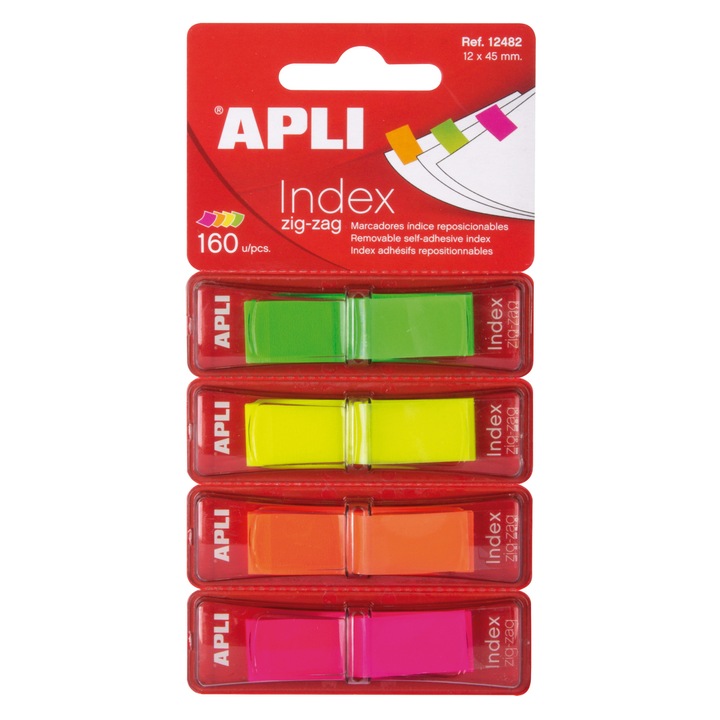 Index Apli, autoadeziv zig-zag, 12 x 45 mm, 4 culori mate (rosu, galben, verde, albastru)