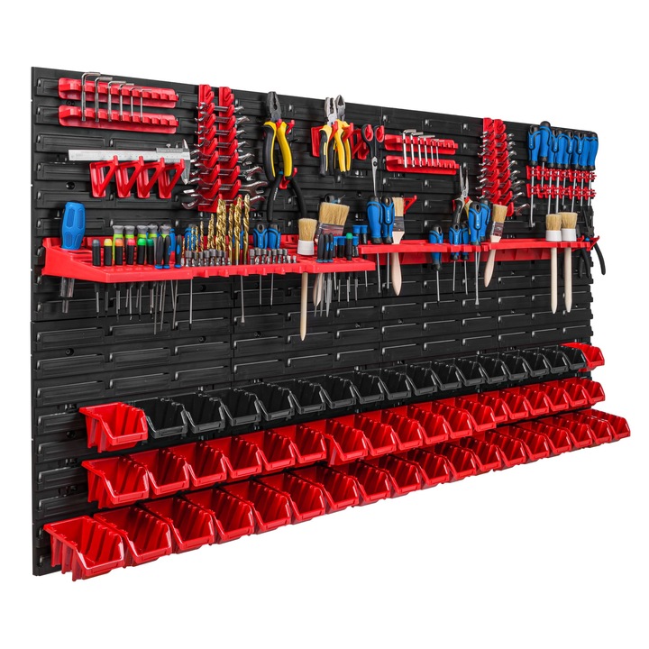 Organizator scule perete, pentru garaj si atelier, cutie organizator suruburi, cu suporturi, carlige si rafturi, organizator unelete 156x78 cm, SimpleThing